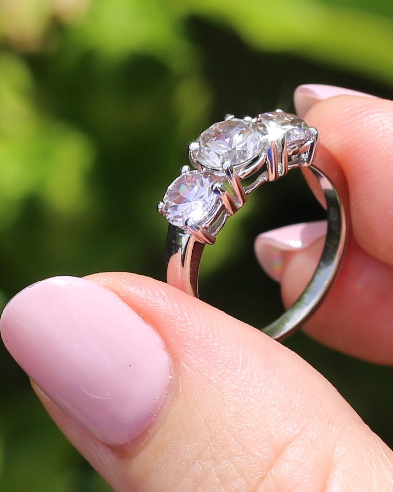 3.7ct Pale Pink Australian Zircon Trilogy Ring, 10ct and 18ct White Gold, size O or just over 7, 3.72g