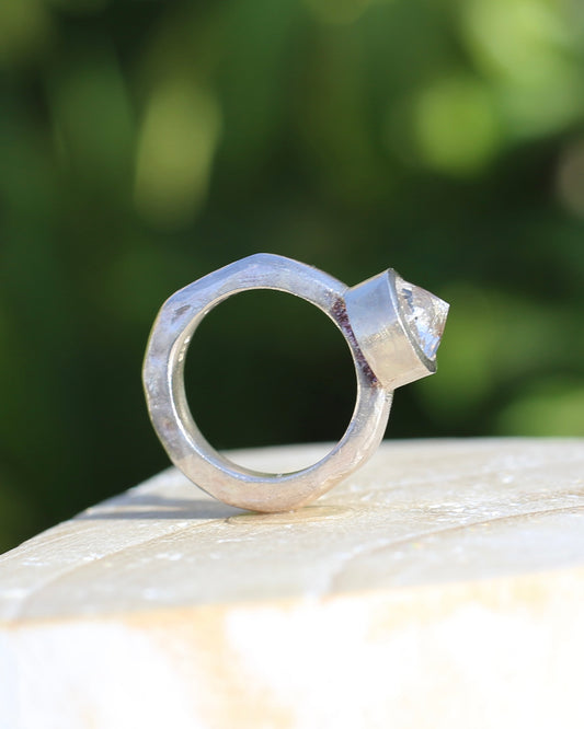 Bjorg Jewellery Inverse Set White Spinel Ring, Chunky Handmade Sterling Silver, size 6.5 or just under N
