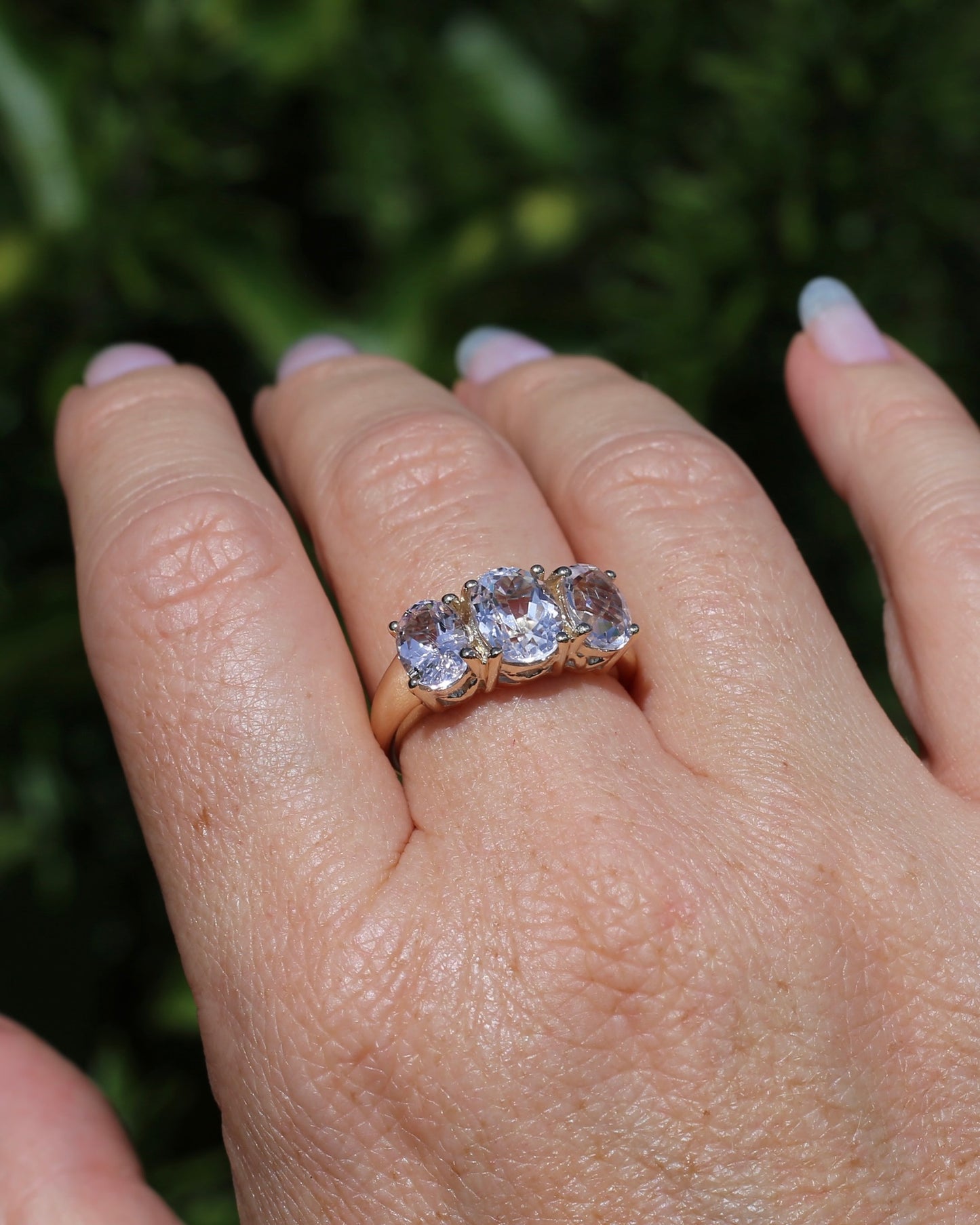 Oval Trilogy Rock Crystal Ring, 9ct Yellow Gold, size Q1/2 or 8.5, 5.59g