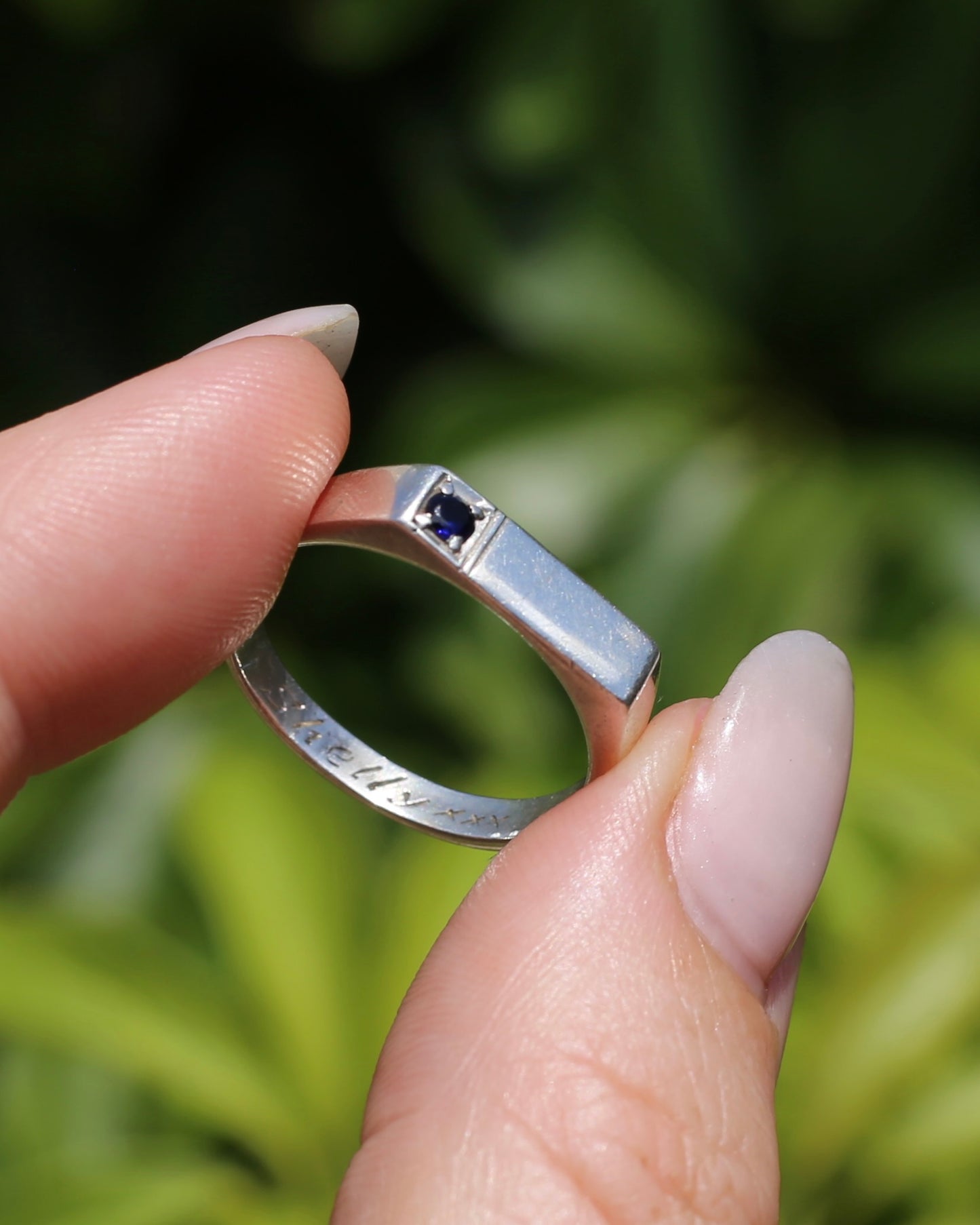 Narrow Silver Signet Ring with Sapphire, Sterling Silver, size 10.5 or V, 3.9g