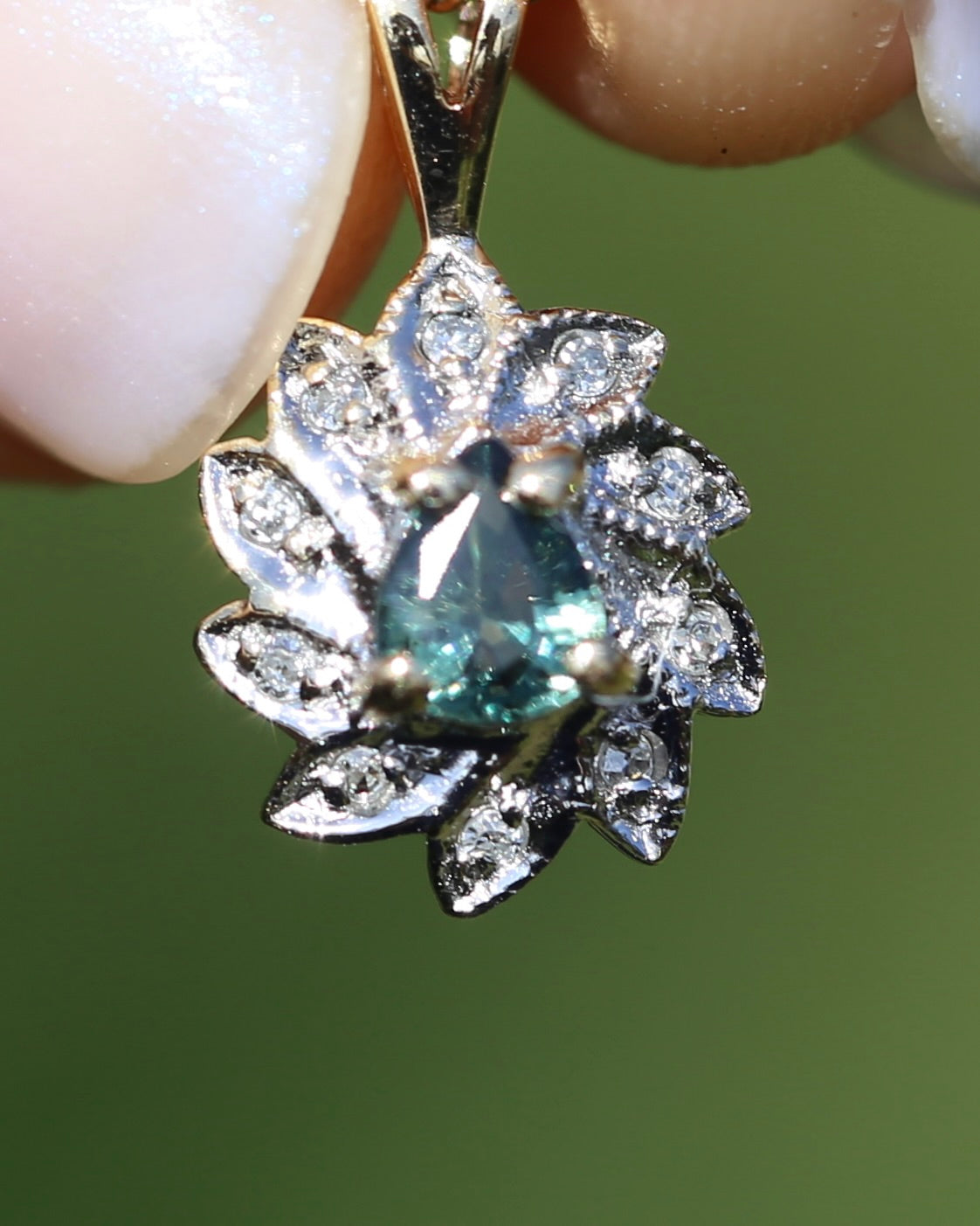 0.3ct Natural Green Parti and Natural Illusion Set Diamond Leaf Halo Pendant, 9ct Yellow Gold, 0.72g
