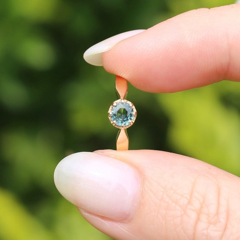 Seafoam Sapphire Solitaire in 8 Claw Setting, 9ct Yellow Gold, size L or just under 5.5