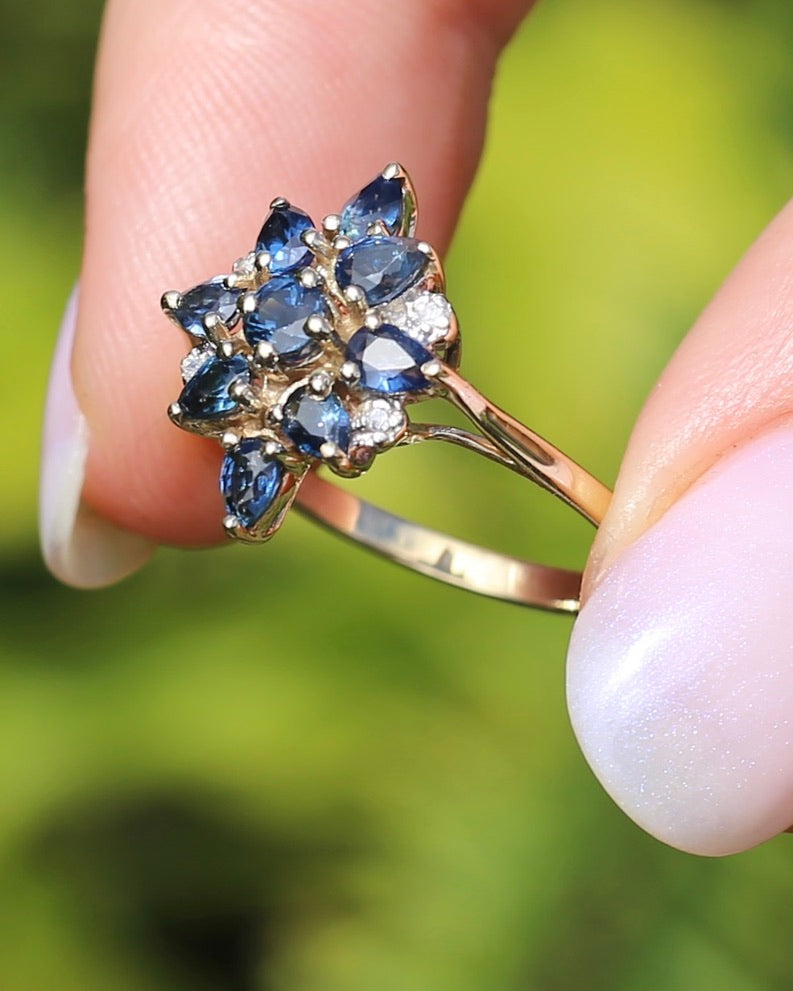 Vintage Blue Sapphire and Diamond Cluster Ring, 9ct Yellow Gold, size N or 6.75, 2.34g