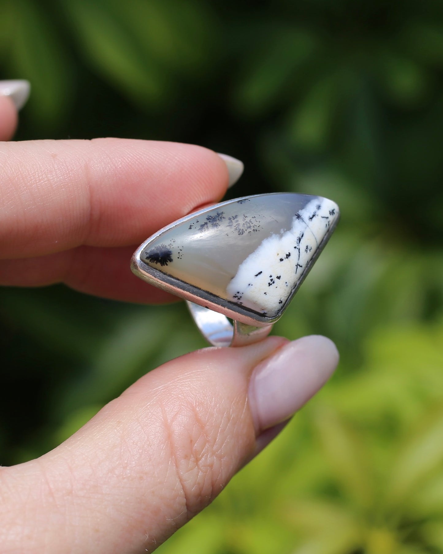 Freeform Dendritic Agate Bezel Set Ring, size T1/2 or 9.75, 14.7g