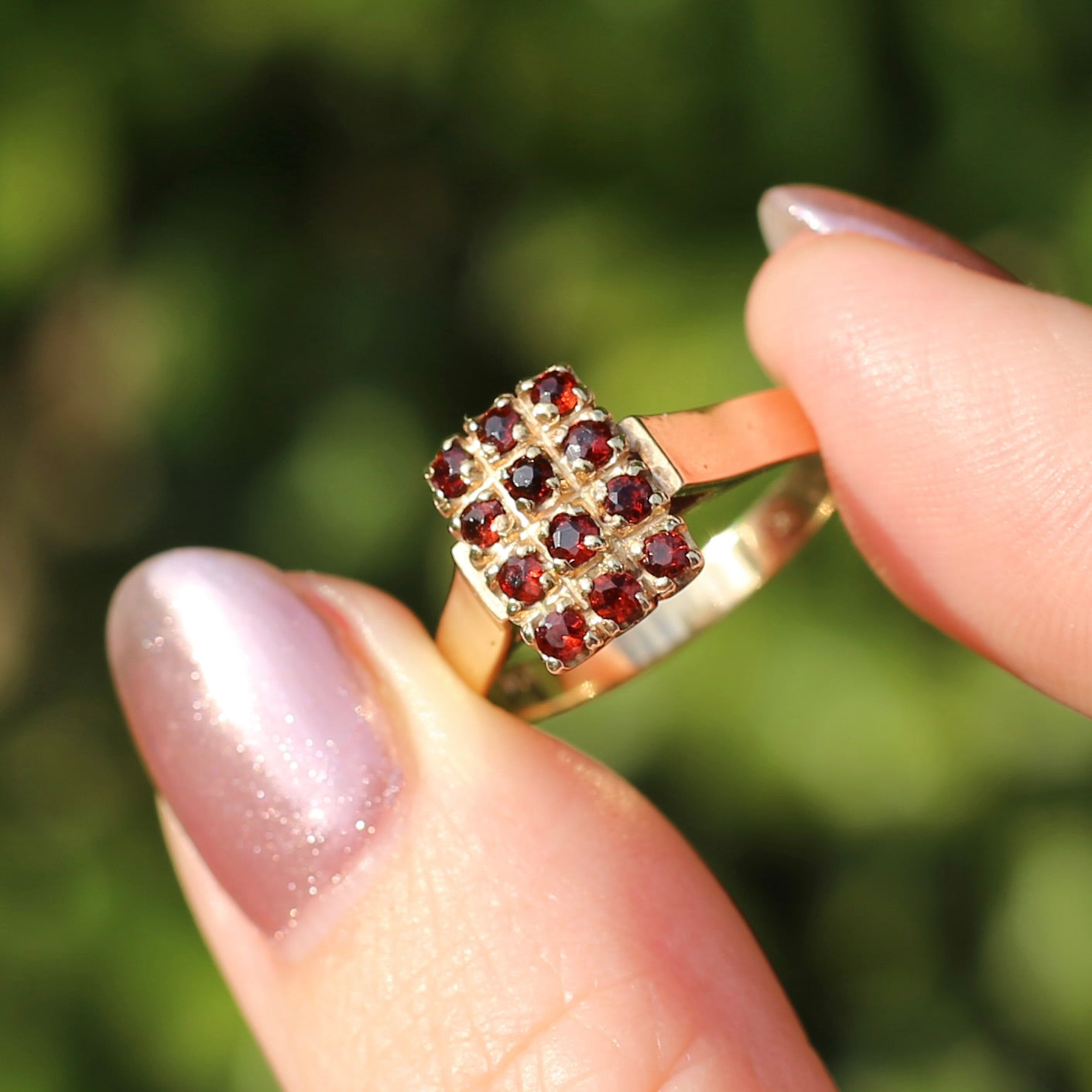 Old Cut 12 Stone Garnet Checkerboard Ring, size P or 7.75