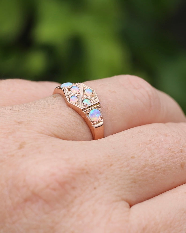 Outstanding Opals in Birmingham Made Rose Gold Shield Faced Ring, 9ct Rose Gold, size Q or 8.25, 2.57g