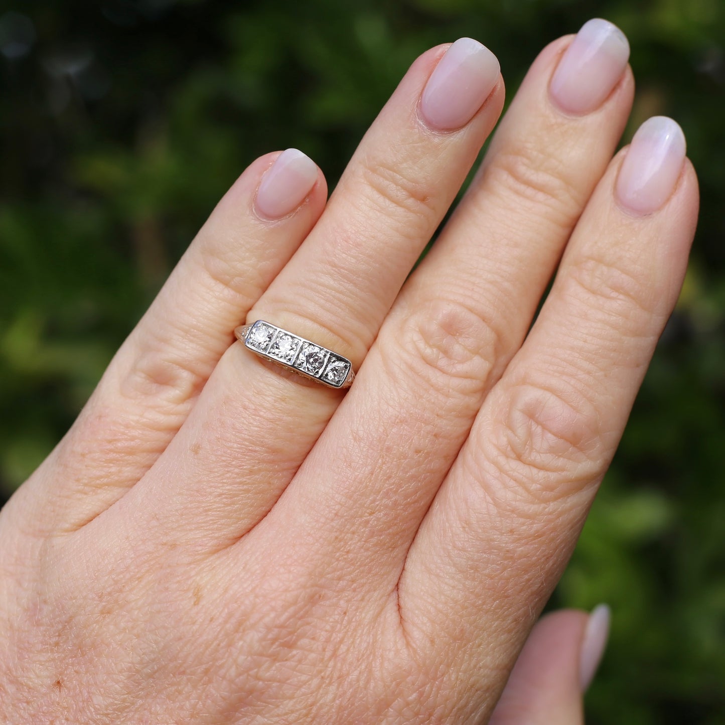 1930s 4 Stone Transitional Cut Diamond Mixed Metal Ring, 18ct Yellow Gold & Platinum, size M or just bigger than 6