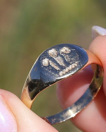 1984 Made Hand Carved Welsh Feather Signet Ring, 9ct Yellow Gold, size Q or just over 8, 2.45g