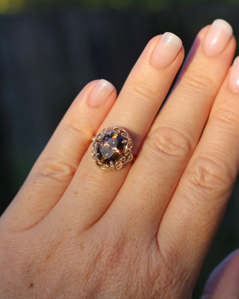 6.9ct Oval Natural Zircon in Raised Filigree Setting, 10ct Yellow Gold, size M1/2 or 6.5, 4.83g