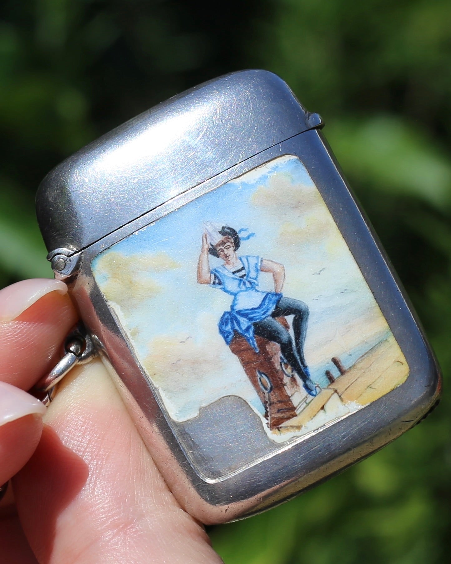 Antique 1896 Vesta Case featuring Enamel Sailor Girl, Sterling Silver, 39g