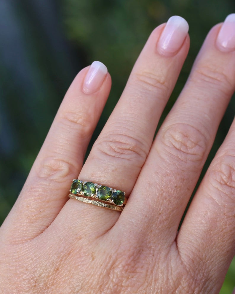1.75ct Four Stone Natural Green Tourmaline Ring, 9ct Yellow Gold, size N1/2 or just over 6.75, 2.37g