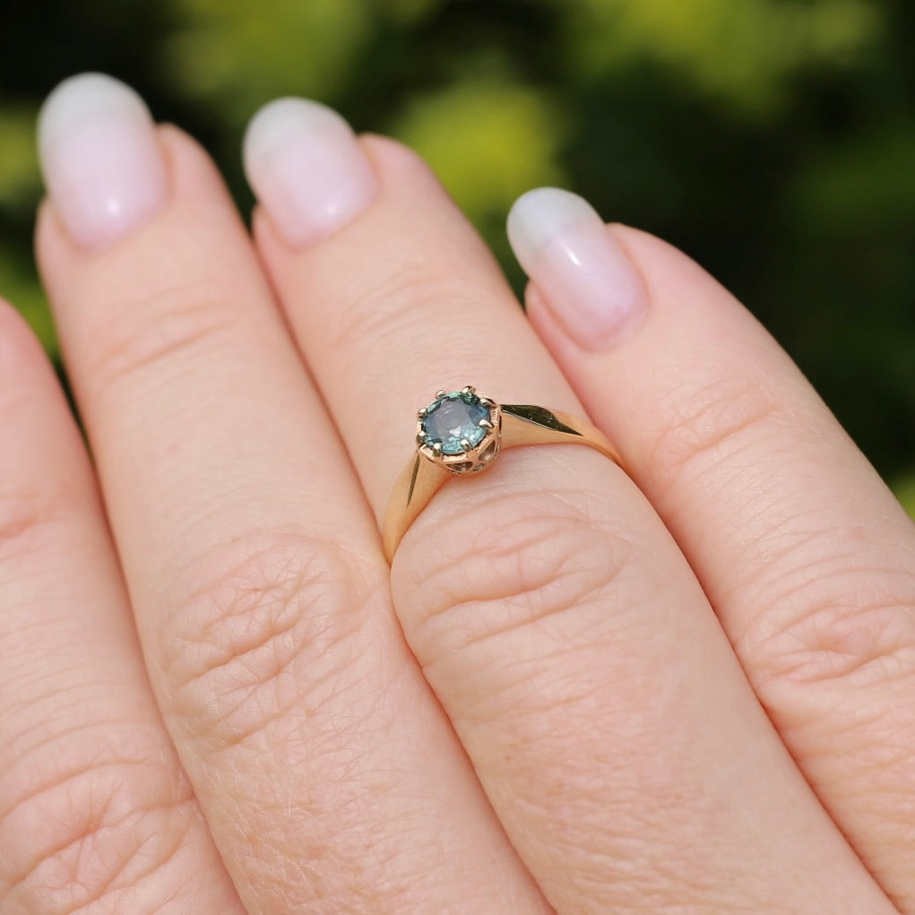 Seafoam Sapphire Solitaire in 8 Claw Setting, 9ct Yellow Gold, size L or just under 5.5