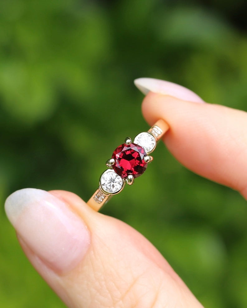 East African Rhodolite Garnet and Diamond Dais Trilogy, 9ct Yellow Gold, size S or 9.25