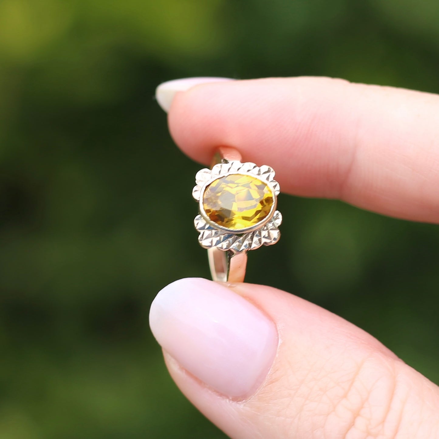 1994 Yellow Sapphire With Detailed Edges, 9ct Yellow Rosey Gold, size P or 7.5