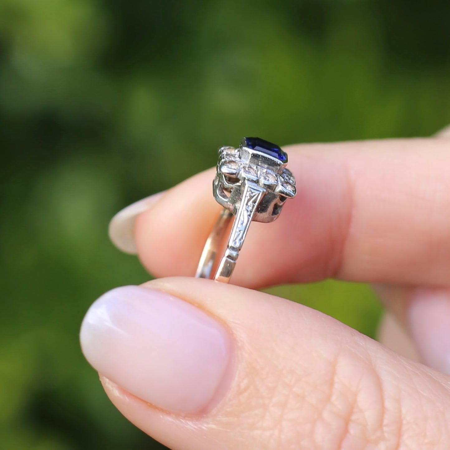 1930s Mixed Metal, Sapphire and White Spinel Halo Ring, 9ct Yellow and White Gold, size J1/2 or 5