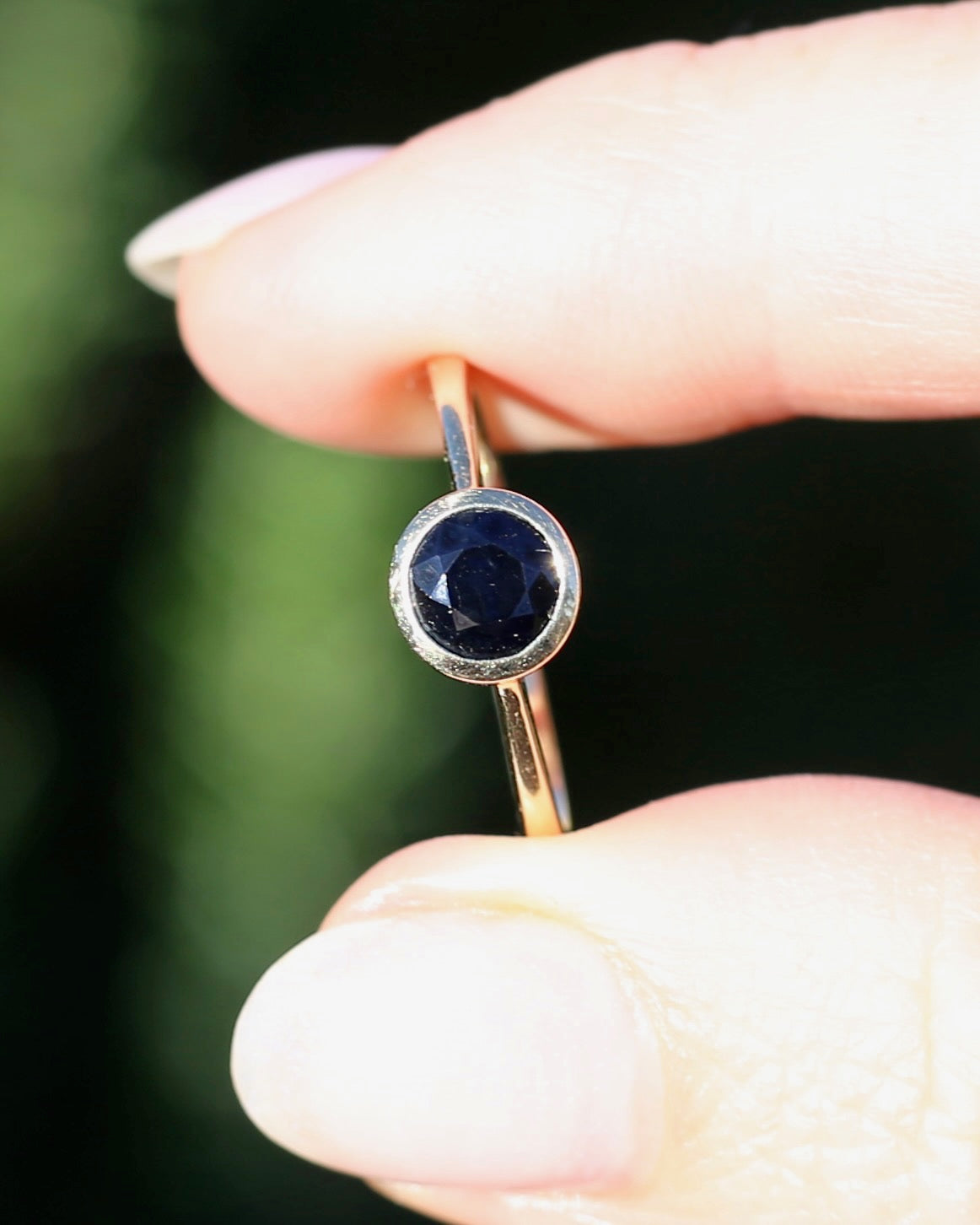 Bezel Set Opaque Navy Sapphire, 9ct Yellow Gold, size O or 7.25