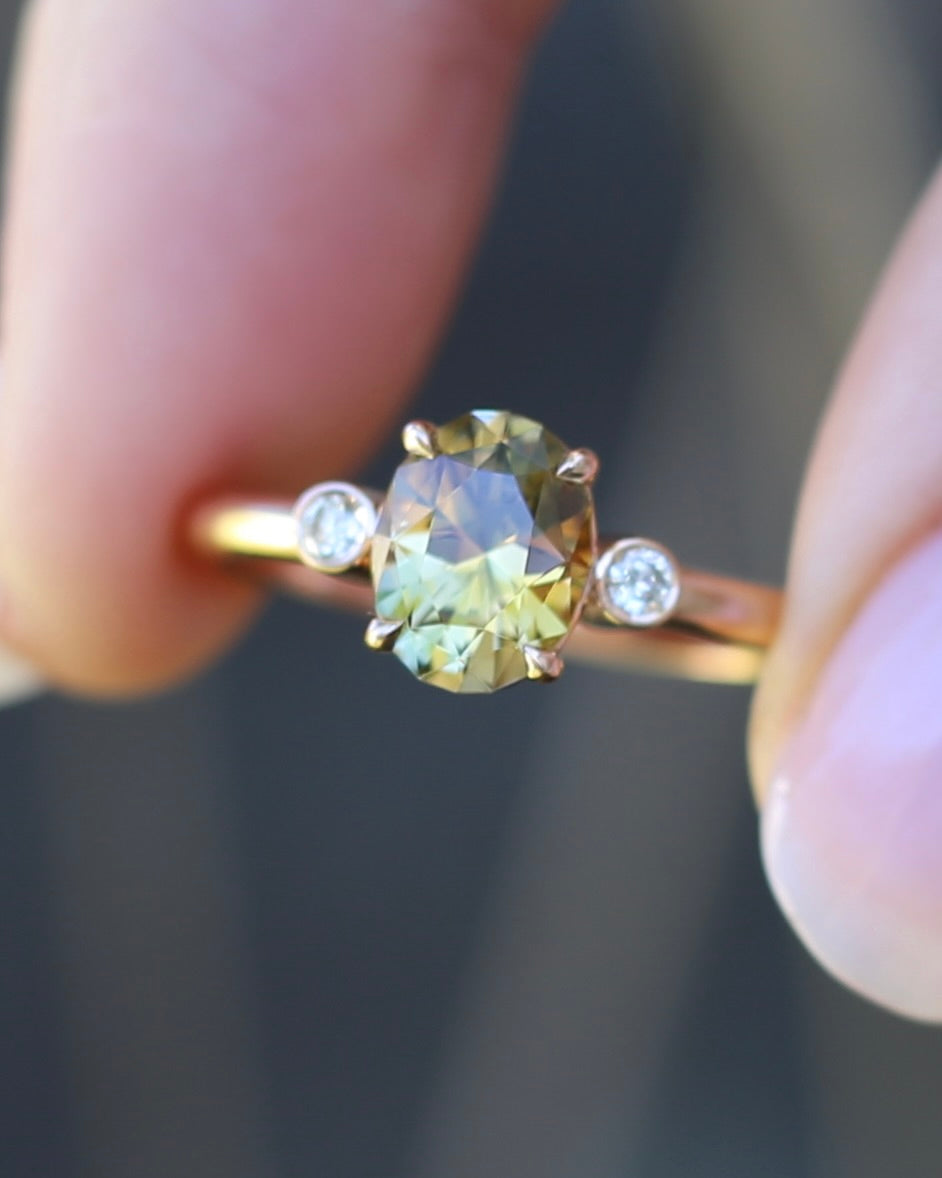 1.57ct Natural Golden Tanzanite Zoisite and Diamond Trilogy Ring, 14ct Rose Gold, size 8.75 or just over R, 3.3g, with valuation