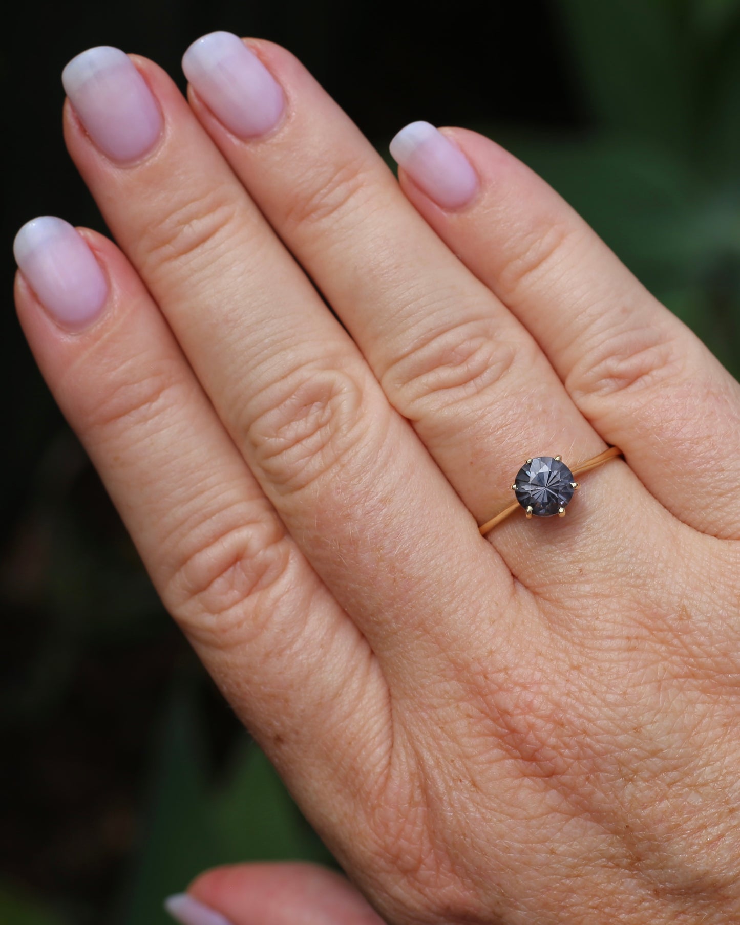 1.35 Lavender Grey Spinel Solitaire, 6 Claw setting, 9ct Yellow Gold, size 9.75 or just over T, 1.72g