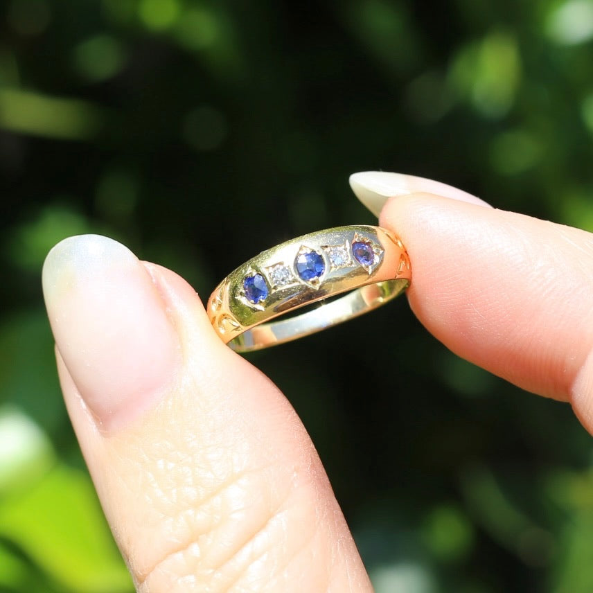 1897 Old Cut Sapphire and Diamond Five Stone Ring, 18ct Yellow Gold, size O or 7.25