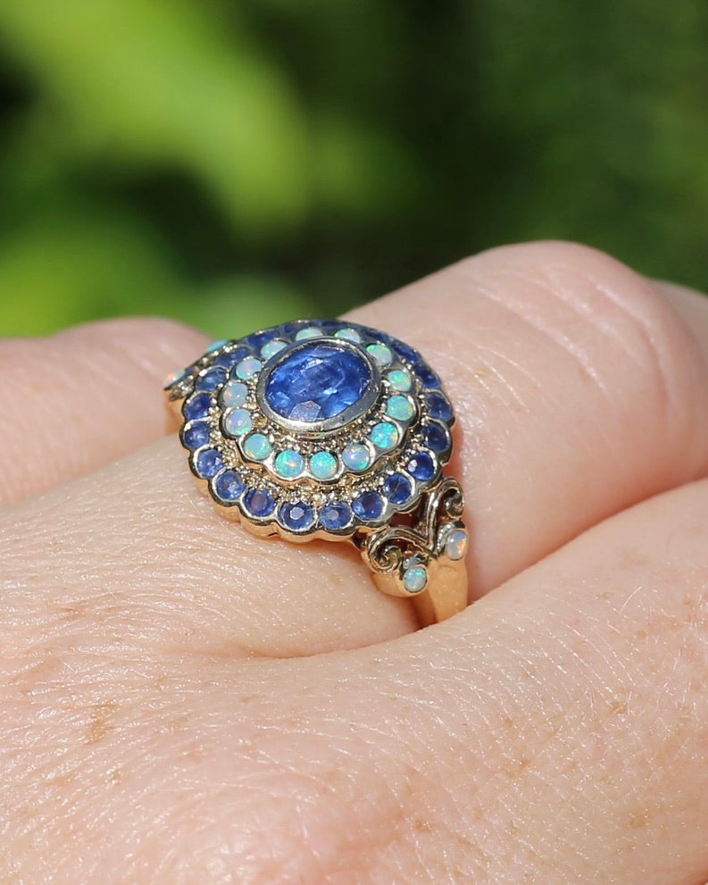 Natural Sapphire and Opal Cluster Ring, 9ct Yellow Gold, size P or 7.5, 4.04g