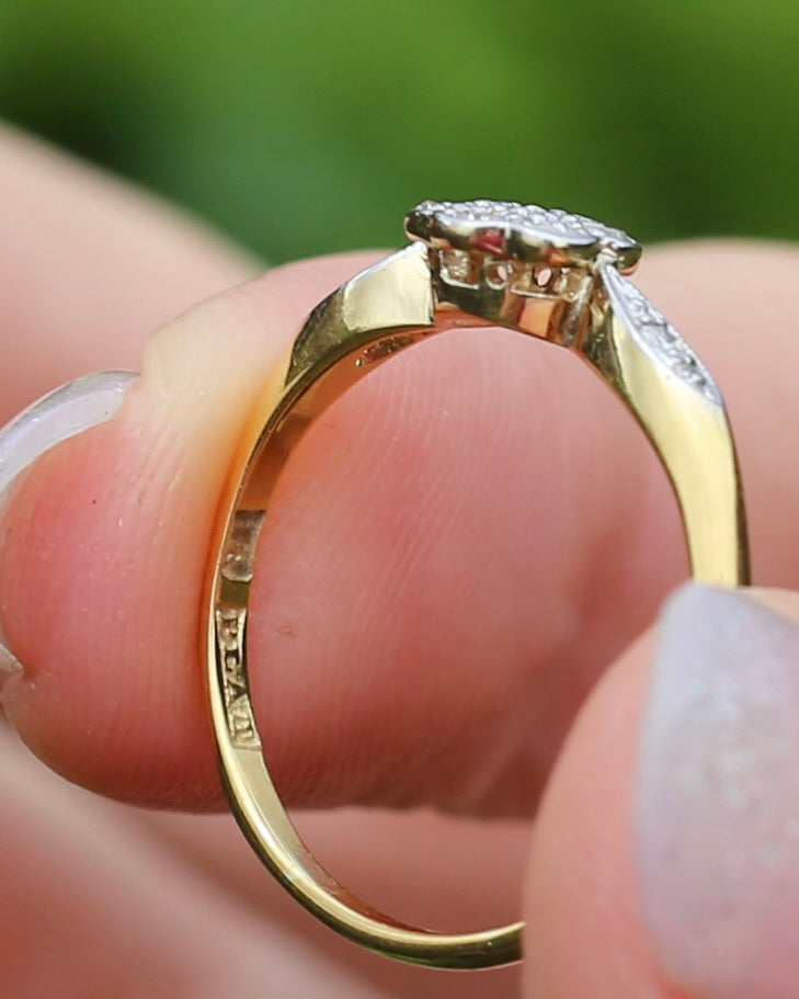 Circa 1930s Single Cut Daisy Cluster, 18ct Yellow Gold and Platinum, size M1/2 or 6.5, 2.2g