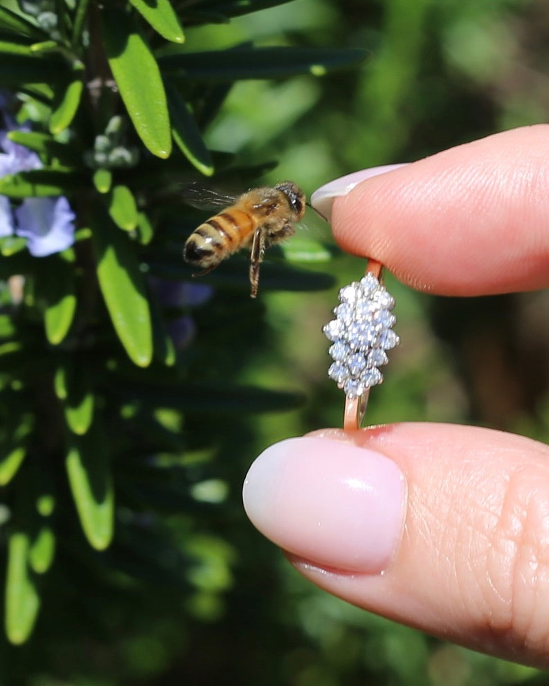1991 London Made Diamond Cluster Ring, 9ct Yellow and White Gold, size J or 4.75, 2.2g