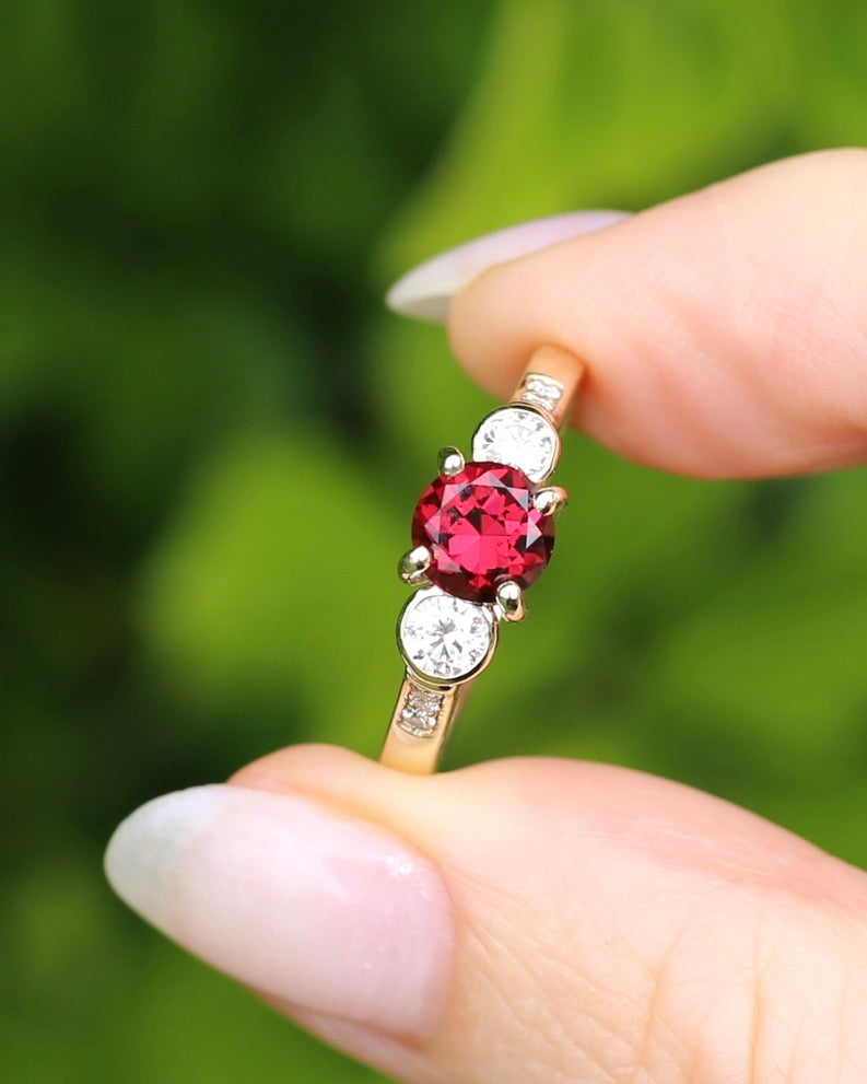 East African Rhodolite Garnet and Diamond Dais Trilogy, 9ct Yellow Gold, size S or 9.25
