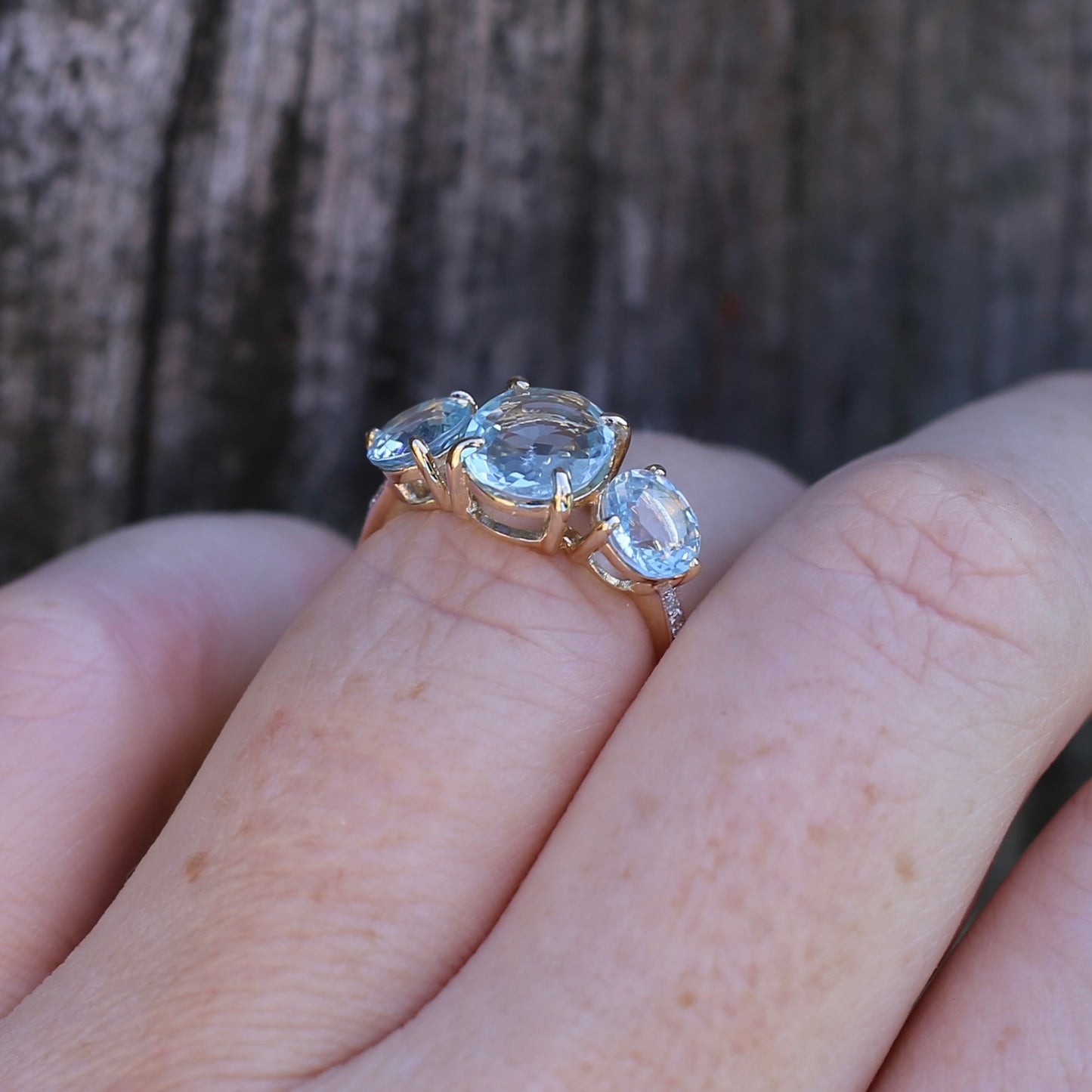 Natural Aquamarine Trilogy with Grain Set Diamond Shoulders, 9ct Yellow Gold, size 6.5 or M1/2