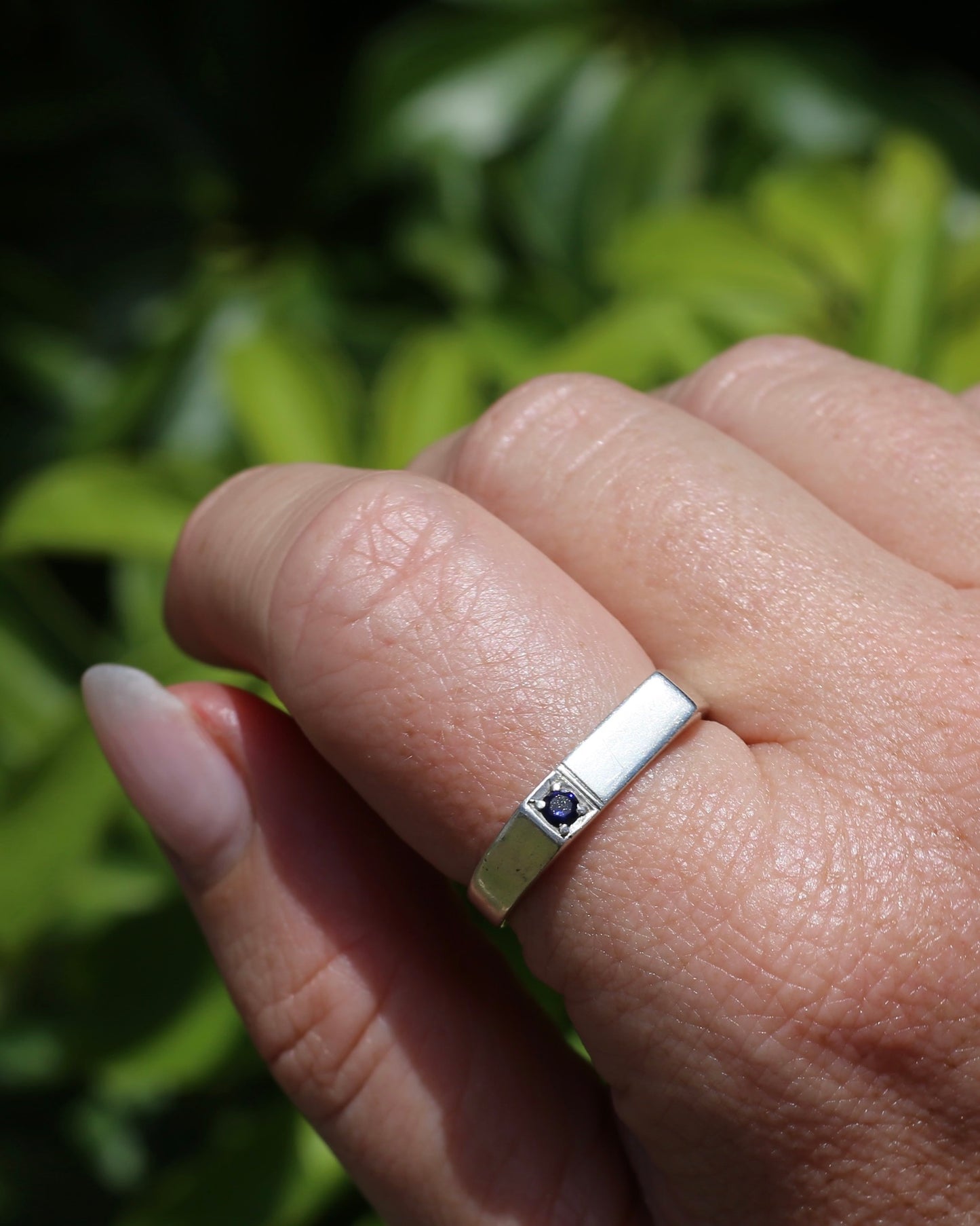 Narrow Silver Signet Ring with Sapphire, Sterling Silver, size 10.5 or V, 3.9g