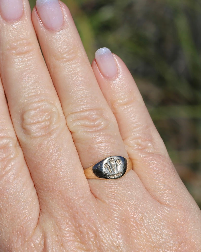 1984 Made Hand Carved Welsh Feather Signet Ring, 9ct Yellow Gold, size Q or just over 8, 2.45g