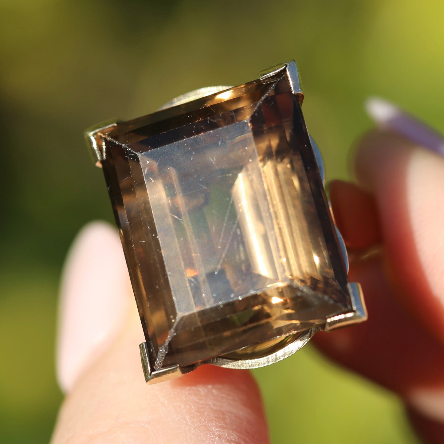 Mid Century 36ct Princess Cut Smoky Quartz Cocktail Ring, 9ct Yellow Gold, size N1/2 or 6.75