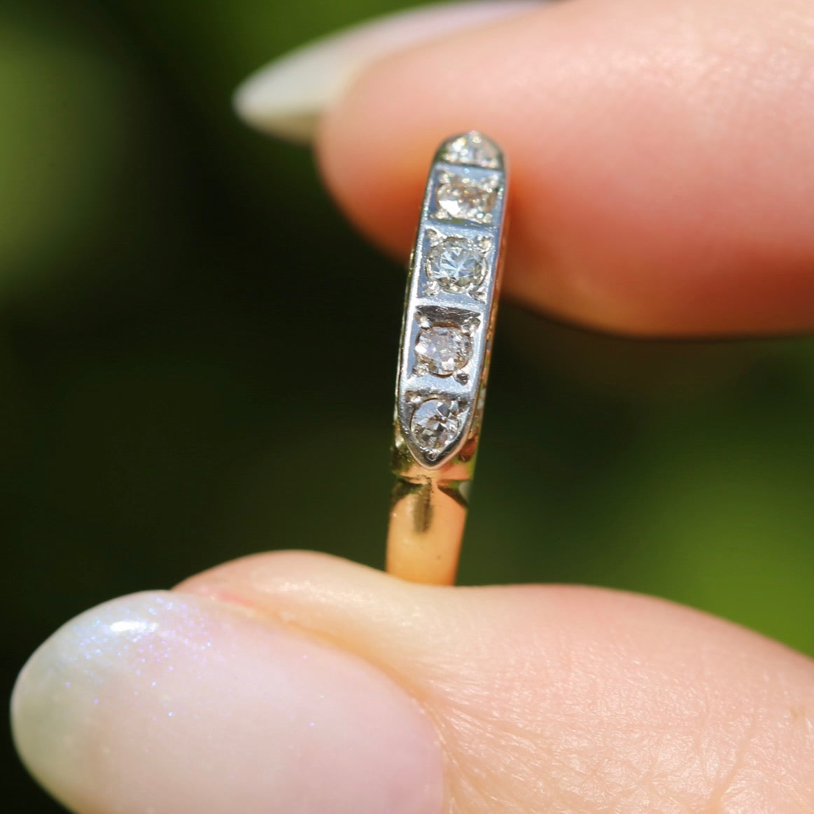 1930s Old Cut 5 Stone Diamond Ring, Platinum and 18ct Yellow Gold, size L or 5.75