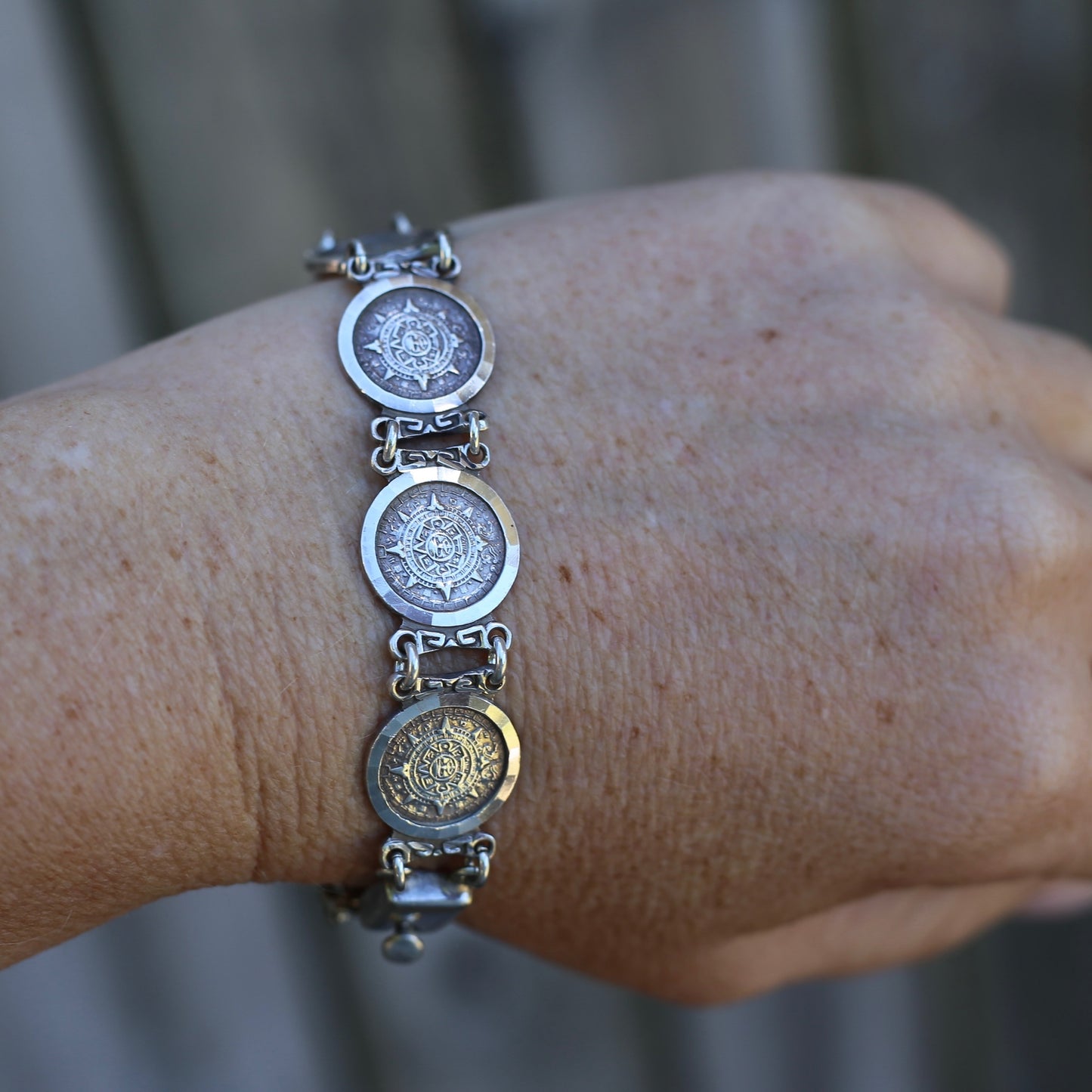 Vintage 1980s Maya Calendar Coin Bracelet, made in Mexico 950 Silver, 20cm or just under 8 inches