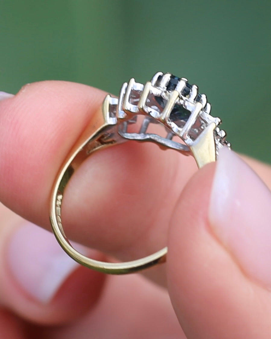 1989 Blue Zircon and Diamond Halo Ring, 9ct Yellow and White Gold, size N1/2 or 7, 3.18g
