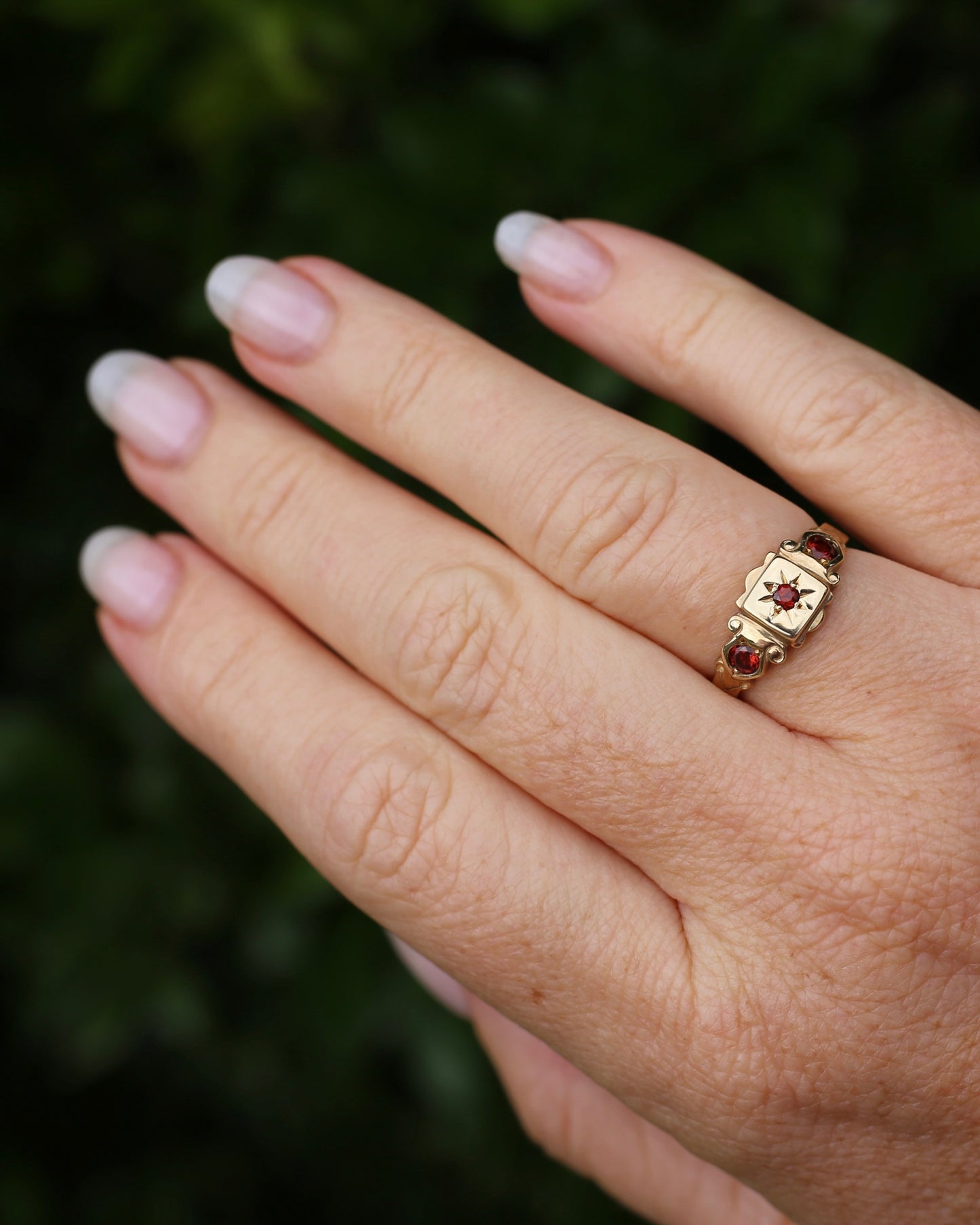 Victorian Revival Garnet Trilogy Star Set Ring, 9ct Yellow Gold, size O1/2 or just over 7.25