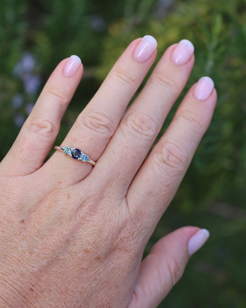 0.85ct Natural Parti Sapphire Trilogy Ring, Sterling Silver, size Q or 8.25, 1.98g