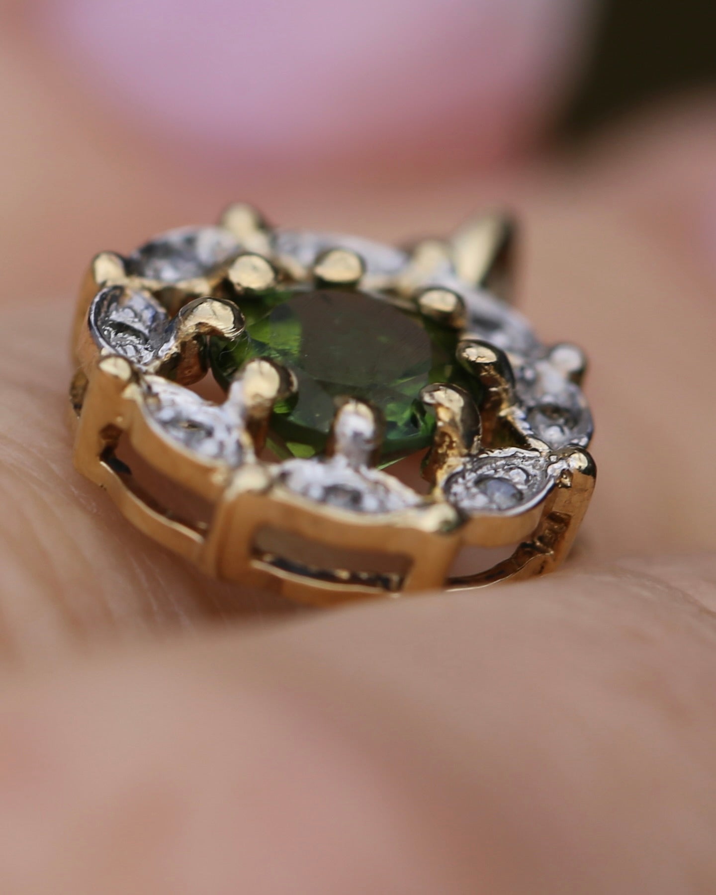 Vintage 0.7ct Green Tourmaline and Diamond Pendant, 9ct Yellow Gold, 1.15g