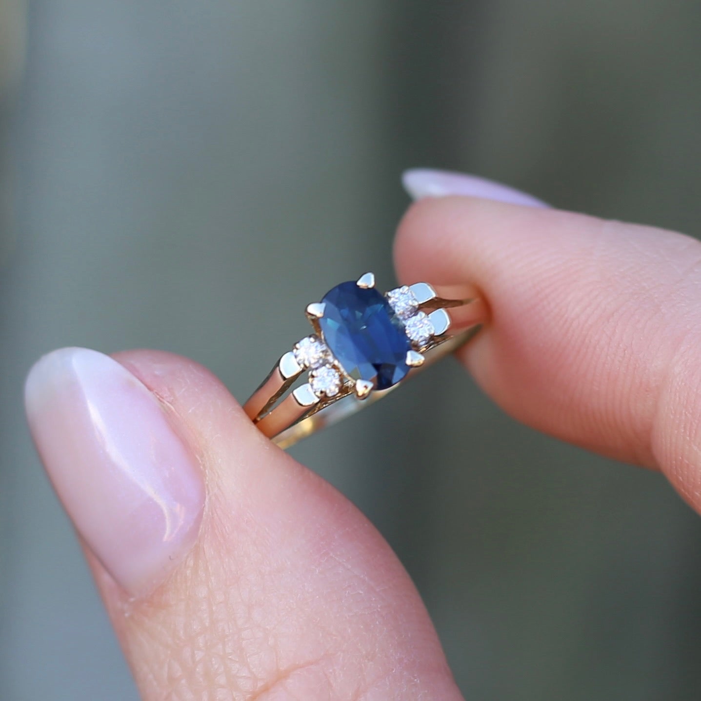 Oval Natural Blue Sapphire with Diamonds, Art Deco Feel Ring, 14ct Yellow Gold, size N or 6.75