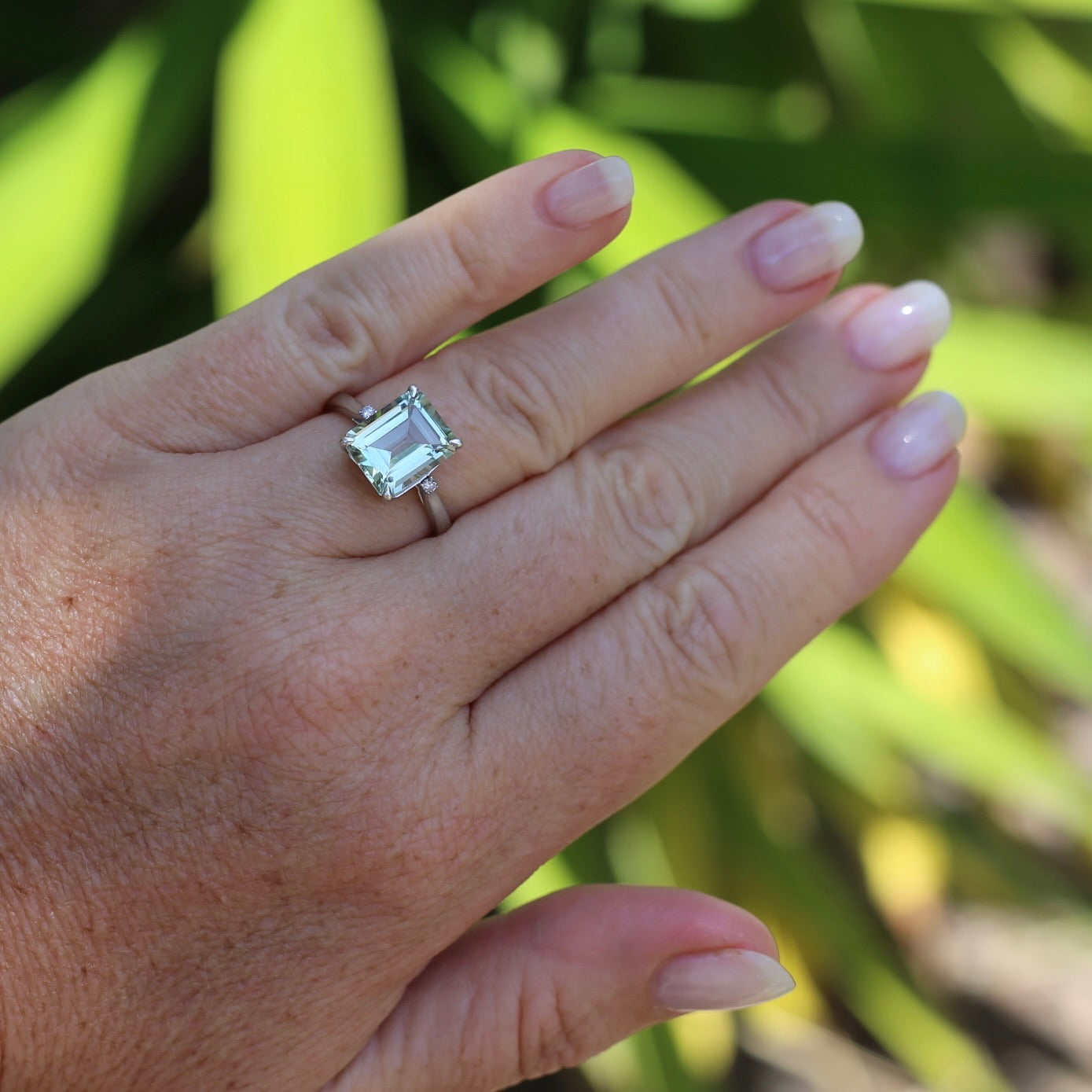 Emerald Cut Prasiolite and Diamond Ring, 9ct White Gold, size P or 7.75