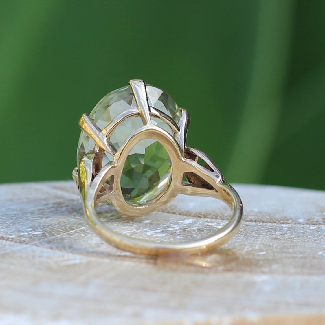 10.22ct Oval Prasiolite Cocktail Ring in Chunky 6 Claw Setting, 9ct Yellow Gold, size L or 5.75