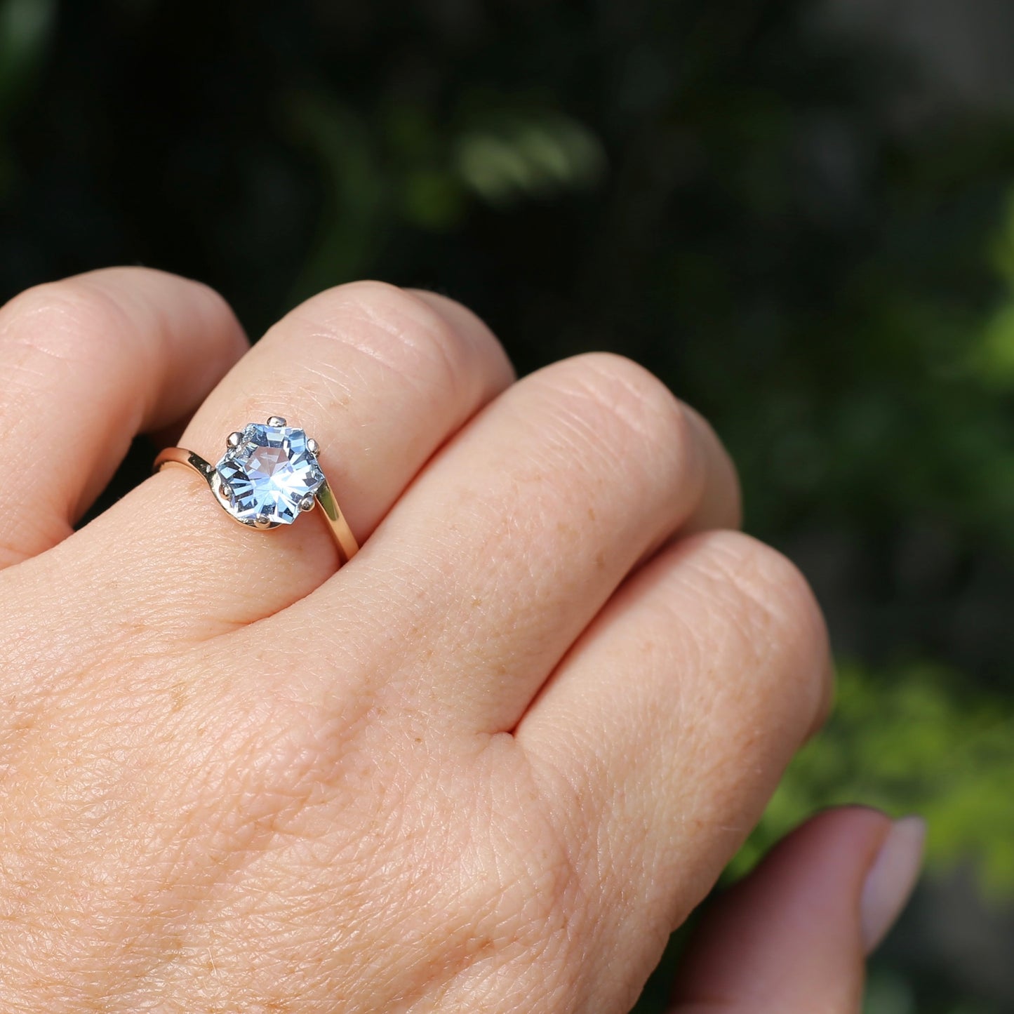 Fancy Hexagonal Cut Pale Blue Zircon Ring, 9ct Yellow Gold, size 7.5 or just over O1/2