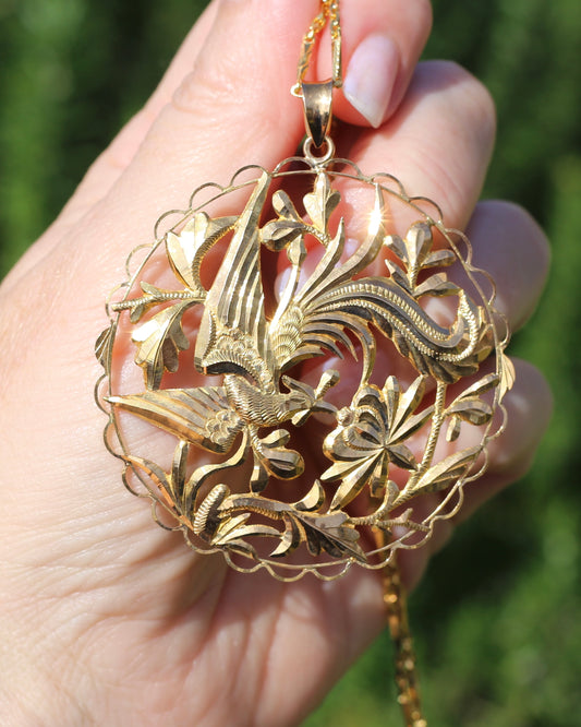 Vintage Chinese Fenghuang (Chinese Phoenix) and Floral Openwork Pendant and Chain, 22ct Gold, 24.34g combined