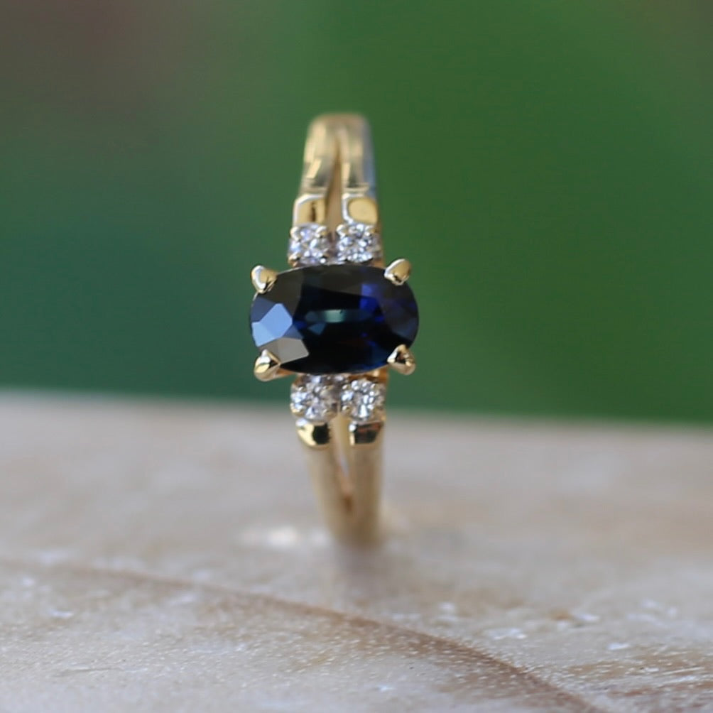 Oval Natural Blue Sapphire with Diamonds, Art Deco Feel Ring, 14ct Yellow Gold, size N or 6.75