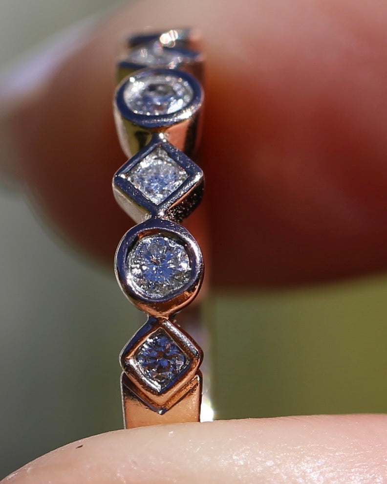 0.25ct 7 Stone Natural Diamond Bezel Set Round and Geometric Rose Gold Stacker, 10ct Rose Gold, size O or 7.25