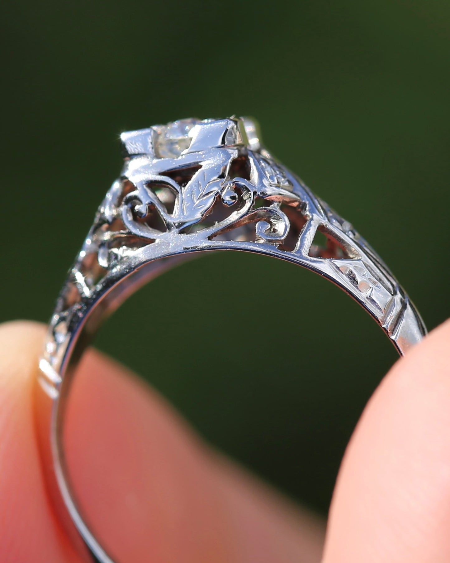 0.188ct Old Cut Diamond Solitaire, 18ct White Gold Filigree, size L or 5.75, 2.0g