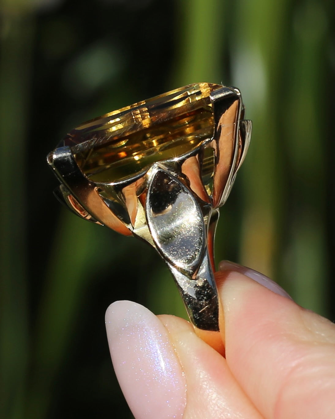 35ct Rectangular Step Cut Vivid Citrine in Chunky Vintage 9ct Yellow Gold Ring, size N1/2 or 7, 15.12g