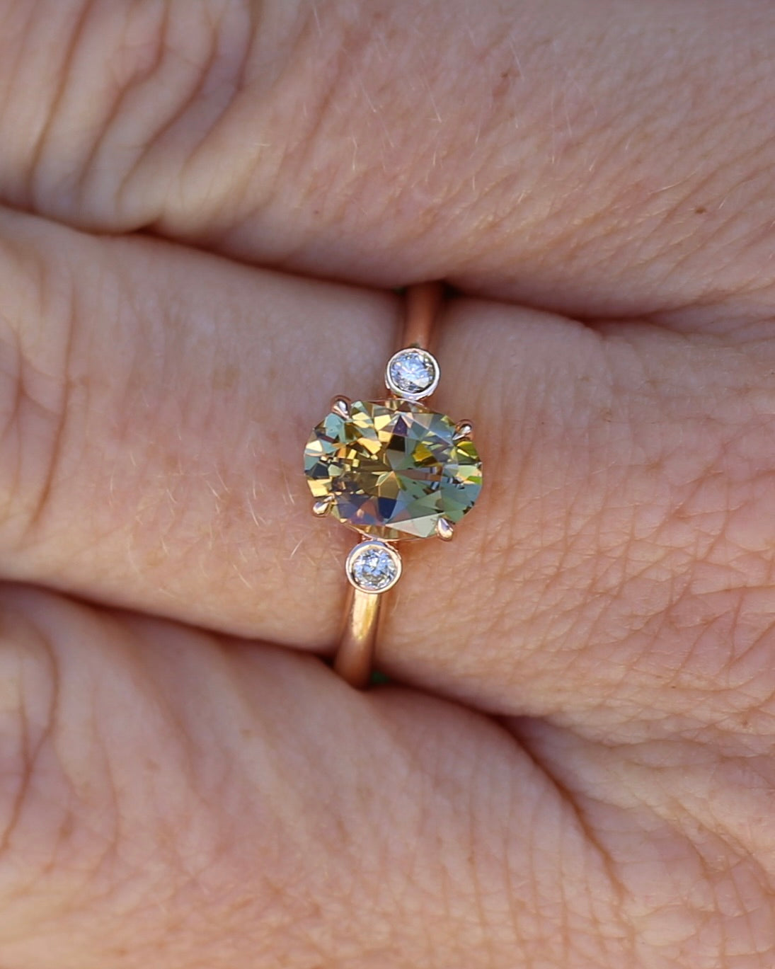 1.57ct Natural Golden Tanzanite Zoisite and Diamond Trilogy Ring, 14ct Rose Gold, size 8.75 or just over R, 3.3g, with valuation