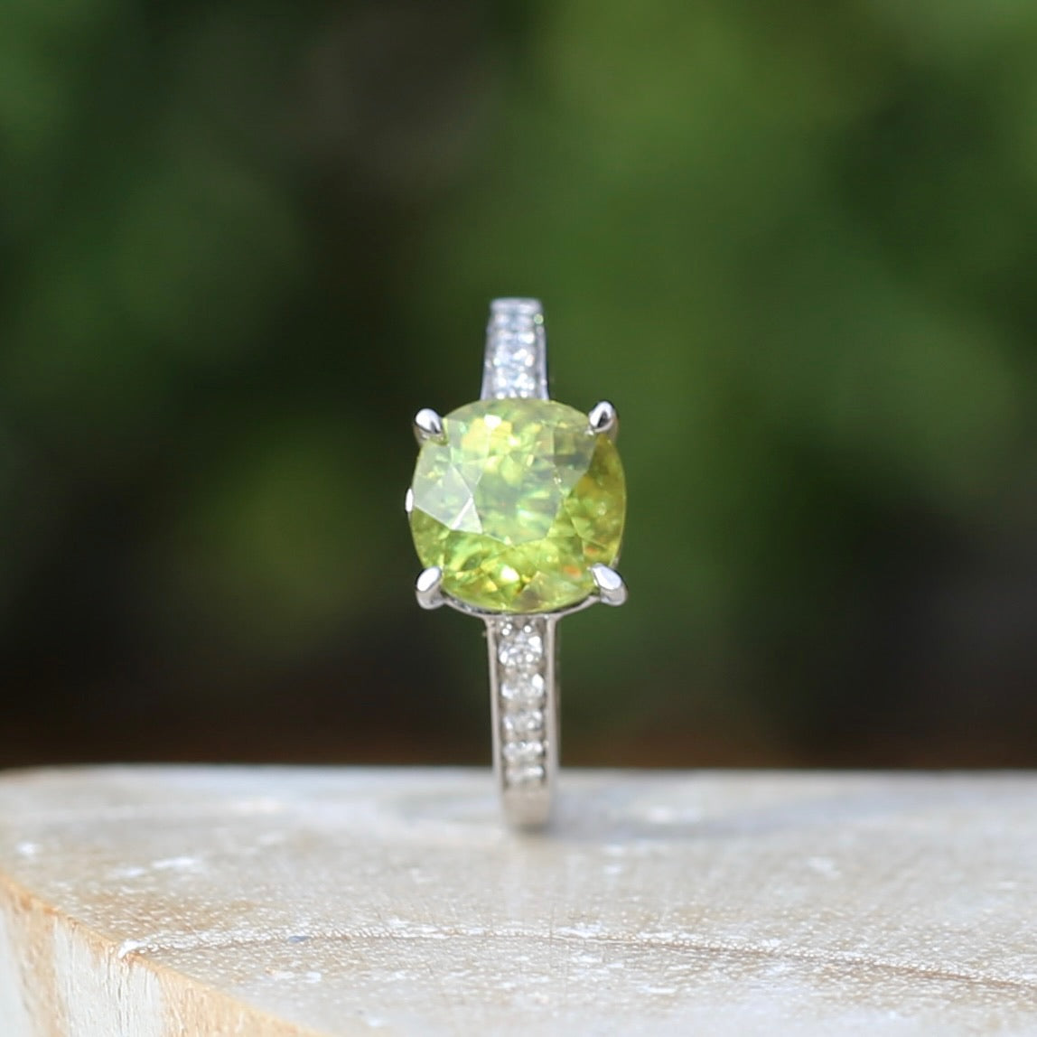 4.11ct Green Zircon and Diamond Ring, 14ct White Gold, size N1/2 or 7, with valuation