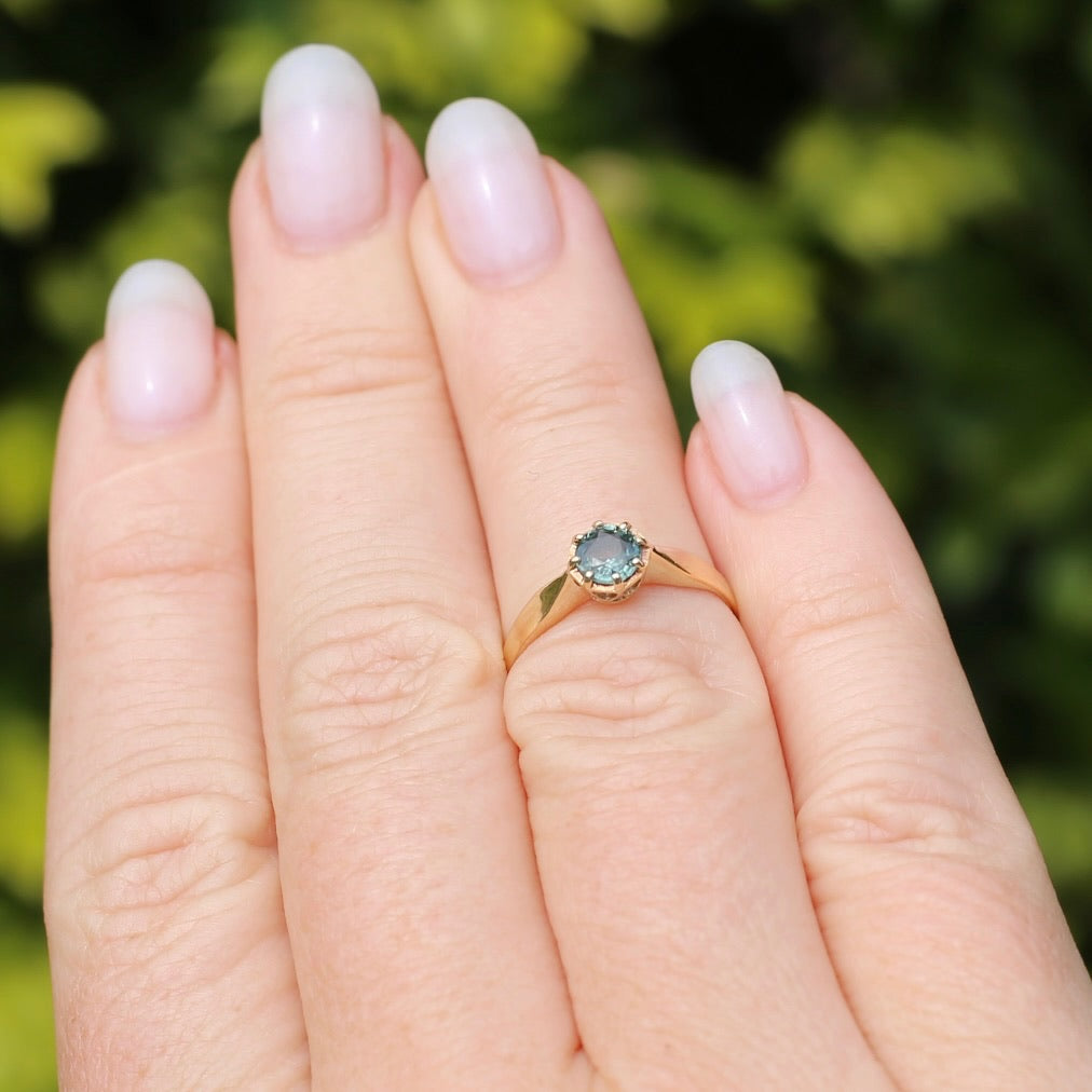 Seafoam Sapphire Solitaire in 8 Claw Setting, 9ct Yellow Gold, size L or just under 5.5