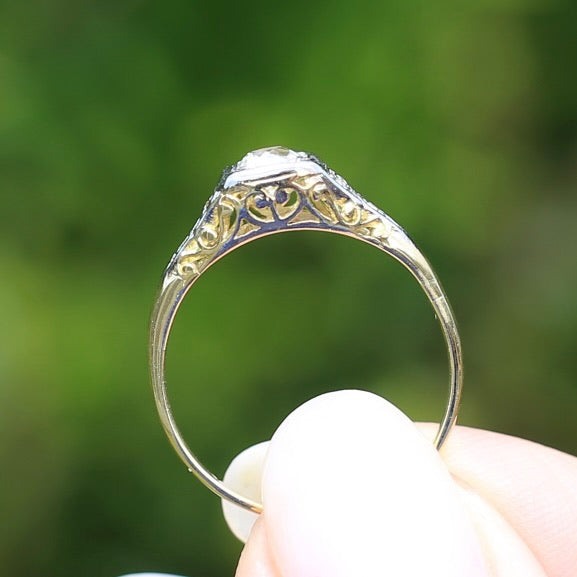 Antique Circa 1915 Old European Cut Solitaire, 18ct White and Yellow Gold, size M1/2 or 6.5